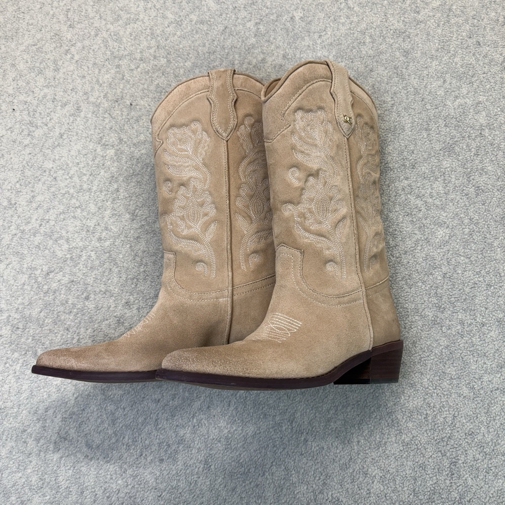Sam Edelman Women's Tan Suede Embroidered Western Cowboy Boots Size 7.5
